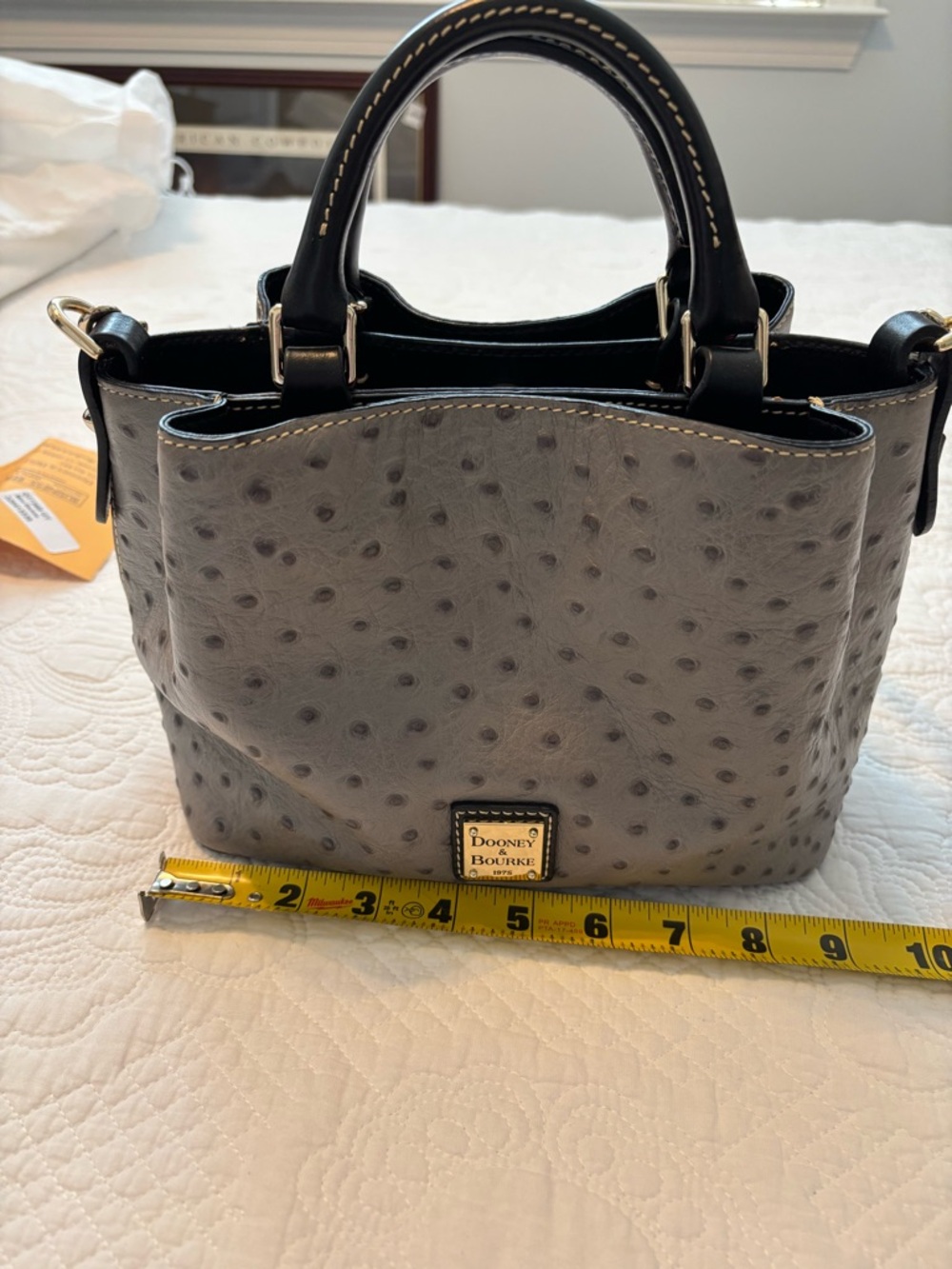 Dooney & Bourke Mini Barlow Gray Ostrich-Embossed Satchel with Black Handles